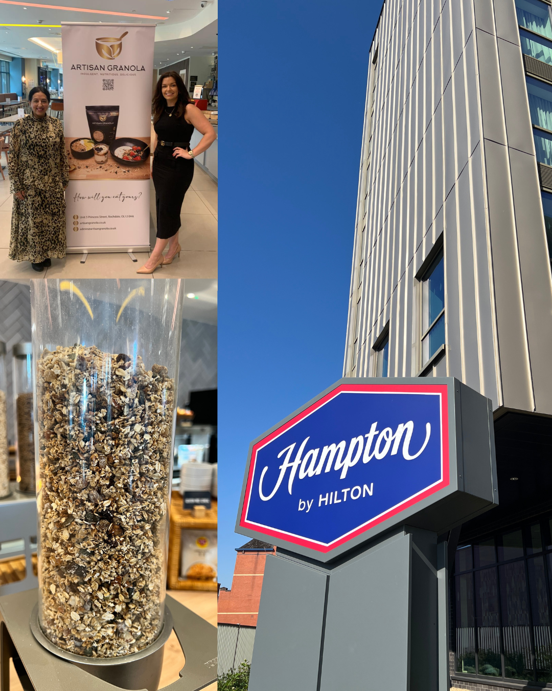 rtisan Granola UK team at Hampton by Hilton Rochdale, celebrating new breakfast partnership featuring small-batch granola made with natural ingredients.