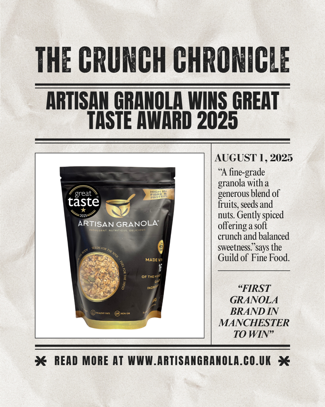 Artisan Granola UK wins Great Taste Award 2025 – small-batch handcrafted granola made in Manchester, described by judges as gently spiced with a soft crunch and balanced sweetness.
