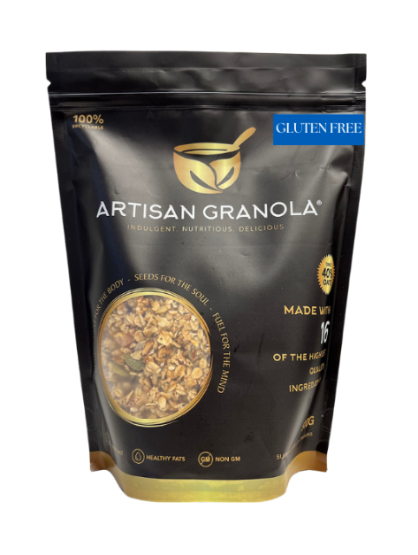 Gluten-free Artisan Granola made with gluten-free oats, nuts and seeds, baked in small batches for a crunchy, nourishing breakfast.
