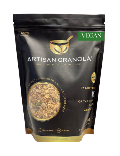 Plant-based Artisan Granola made with nuts, seeds and natural ingredients, baked in small batches for a crunchy vegan breakfast.