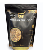 Artisan Granola luxury breakfast cereal in black and gold resealable pouch featuring Great Taste Award 2025 badge, high in fibre and protein, handmade with 16 natural ingredients — indulgent, nutritious, delicious granola.