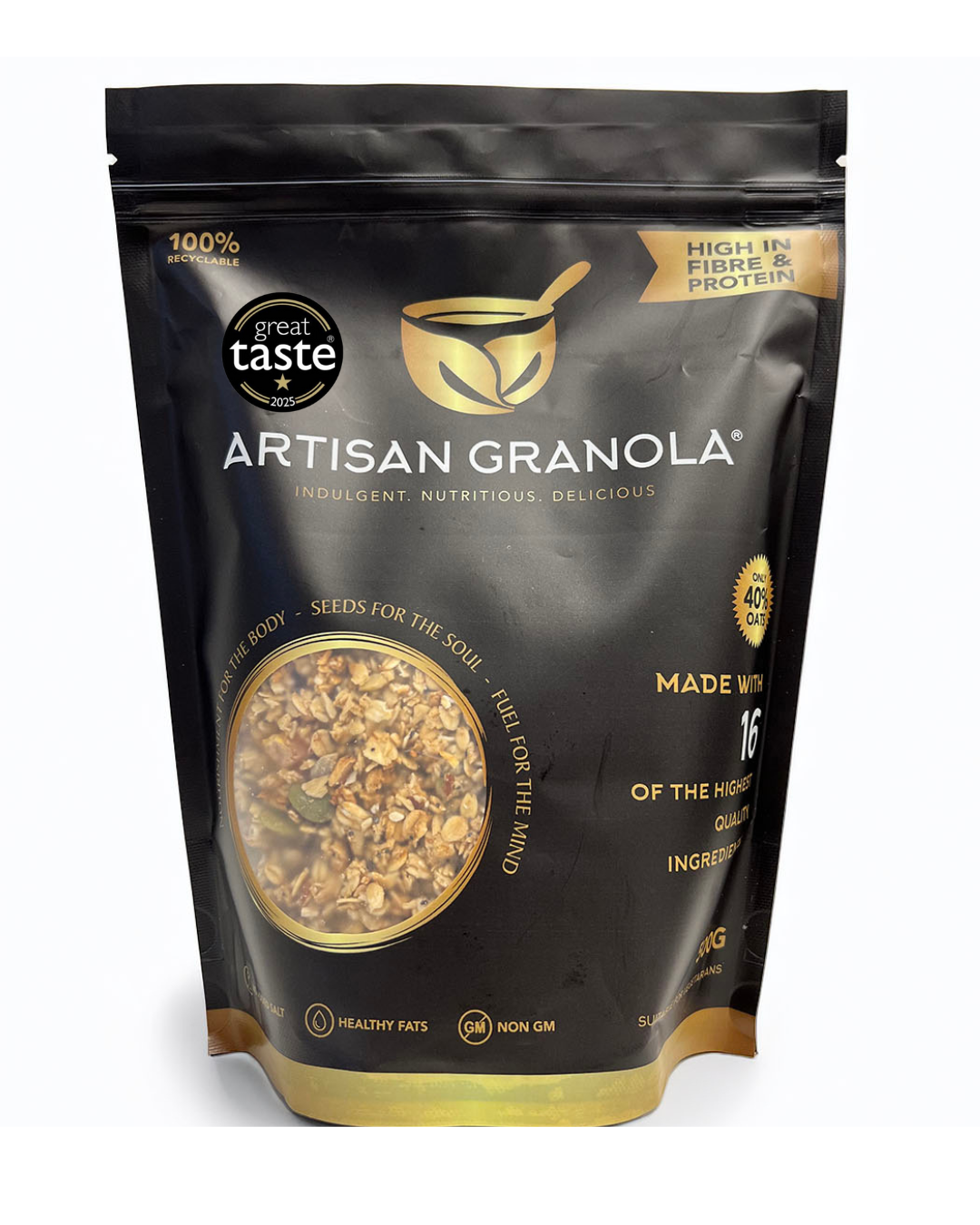 Artisan Granola luxury breakfast cereal in black and gold resealable pouch featuring Great Taste Award 2025 badge, high in fibre and protein, handmade with 16 natural ingredients — indulgent, nutritious, delicious granola.