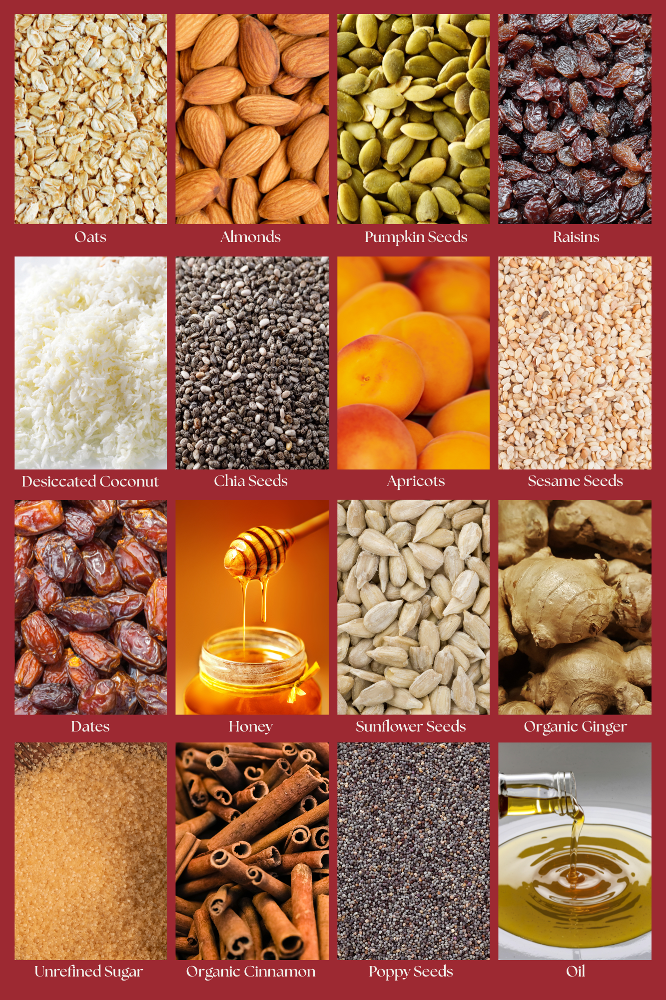 Artisan Granola ingredients including oats, almonds, pumpkin seeds, raisins, desiccated coconut, chia seeds, apricots, sesame seeds, dates, honey, sunflower seeds, organic ginger, unrefined sugar, organic cinnamon, poppy seeds, and oil — natural wholesome ingredients used in handmade, healthy granola. 